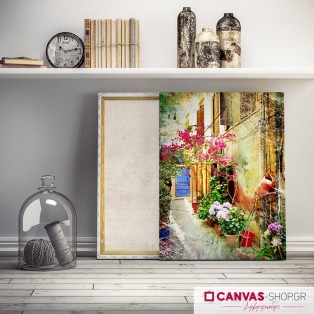 Αυλή με Λουλούδια , πίνακας σε καμβά