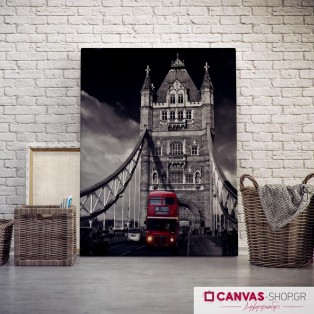 Red London Bus driving across Tower Bridge, πίνακας σε καμβά