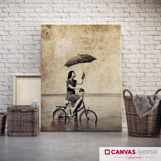 Vintage Κοπέλα με Ποδήλατο, πίνακας σε καμβά